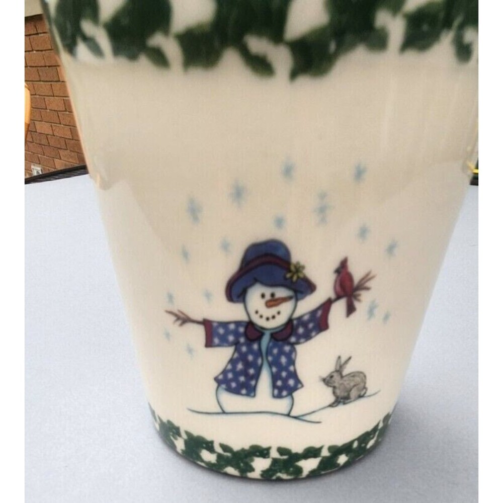 Roseville Spongeware Snowman Crock Vase Winter Christmas Holiday Jar